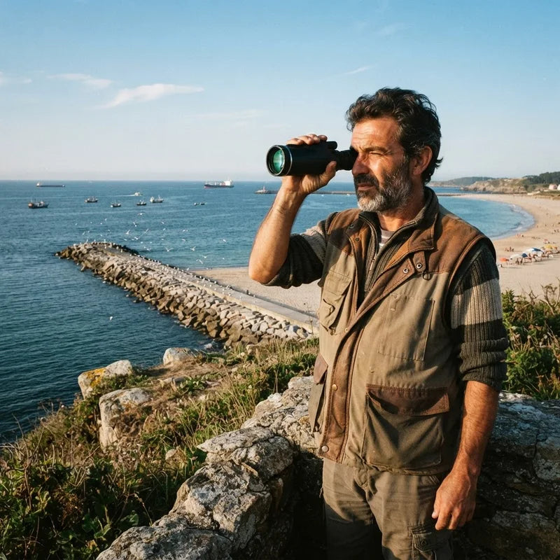 Un hombre mirando con el MaxVision los barcos en el horizonte desde un acantilado