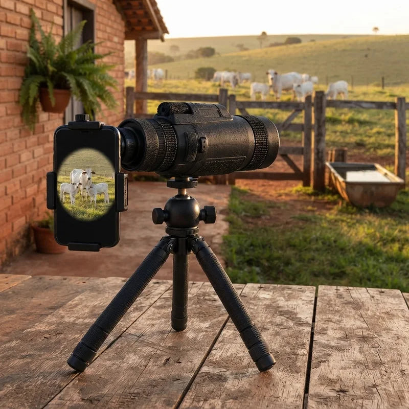 El MaxVision en el trípode vigilando el ganado desde el patio de casa