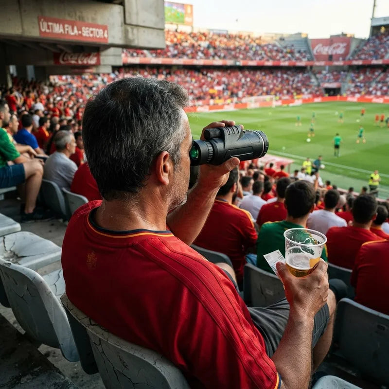Un hombre en la última fila del estadio mirando el partido con el MaxVision