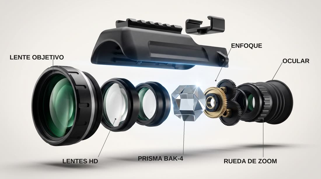 Despiece del monocular MaxVision: lente objetivo, lentes HD, prisma BAK-4, anillo de enfoque, rueda de zoom y ocular