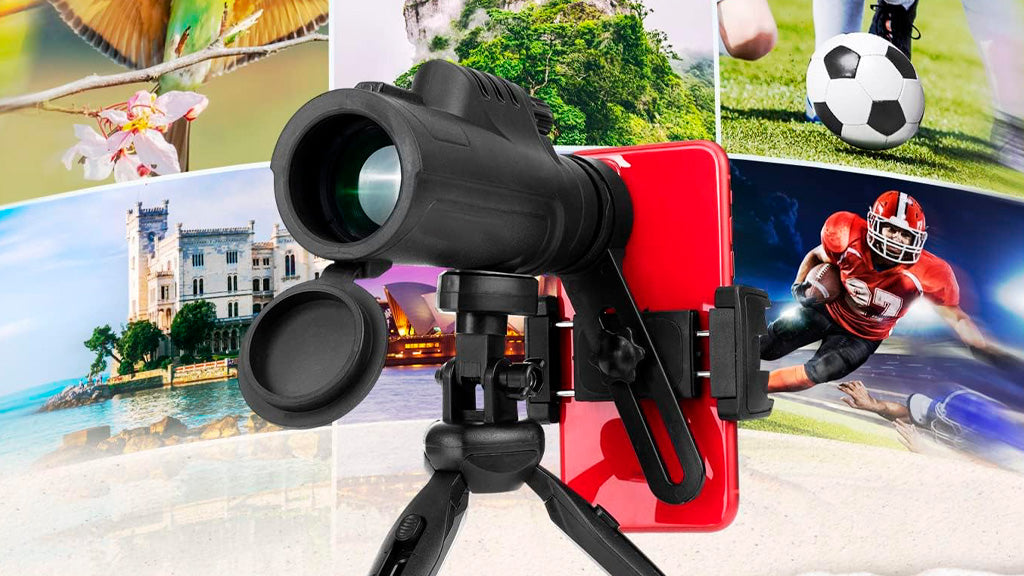 Monocular MaxVision montado en el tripode ajustable con un movil acoplado