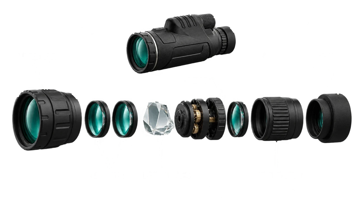 Despiece del MaxVision: lente objetivo, lentes HD, prisma BAK-4, enfoque, rueda de zoom y ocular