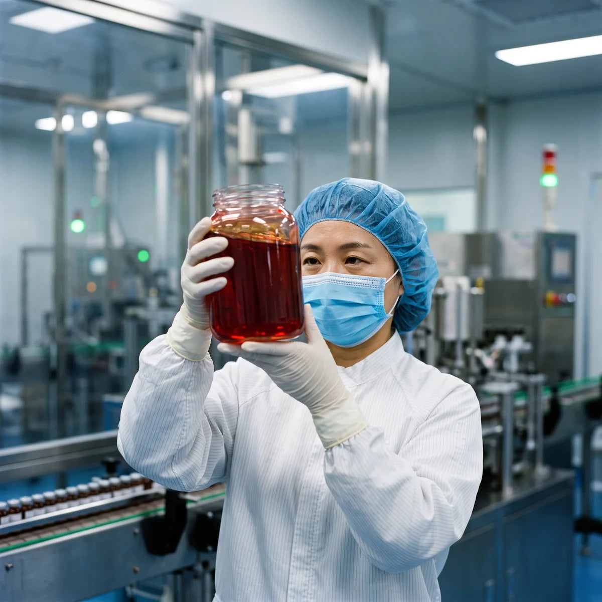 Técnica de laboratorio coreano sosteniendo la resina de sangre de drago junto a la línea de encapsulación en frío