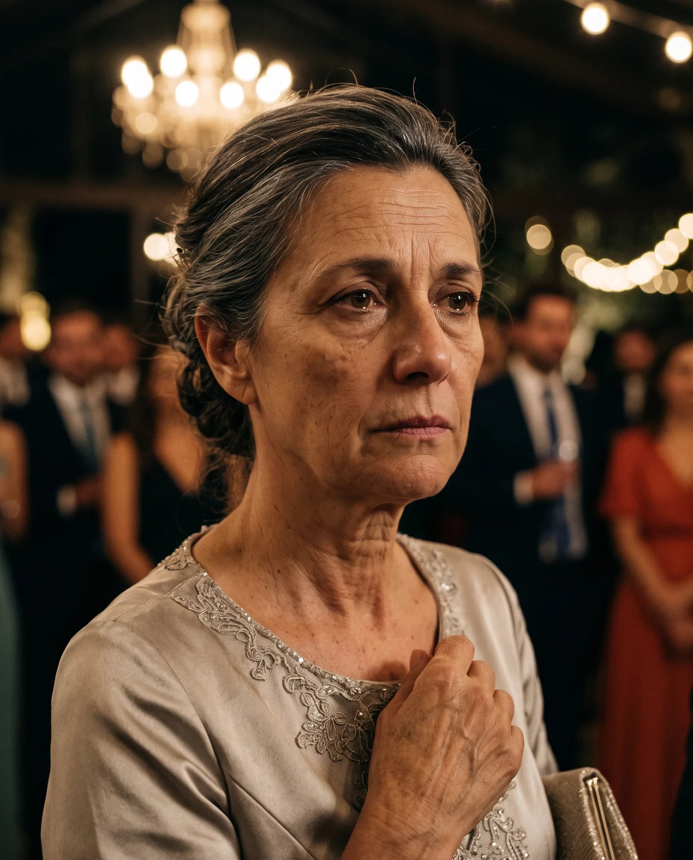 Mujer de 57 años en la boda de su hija, conteniendo las lágrimas