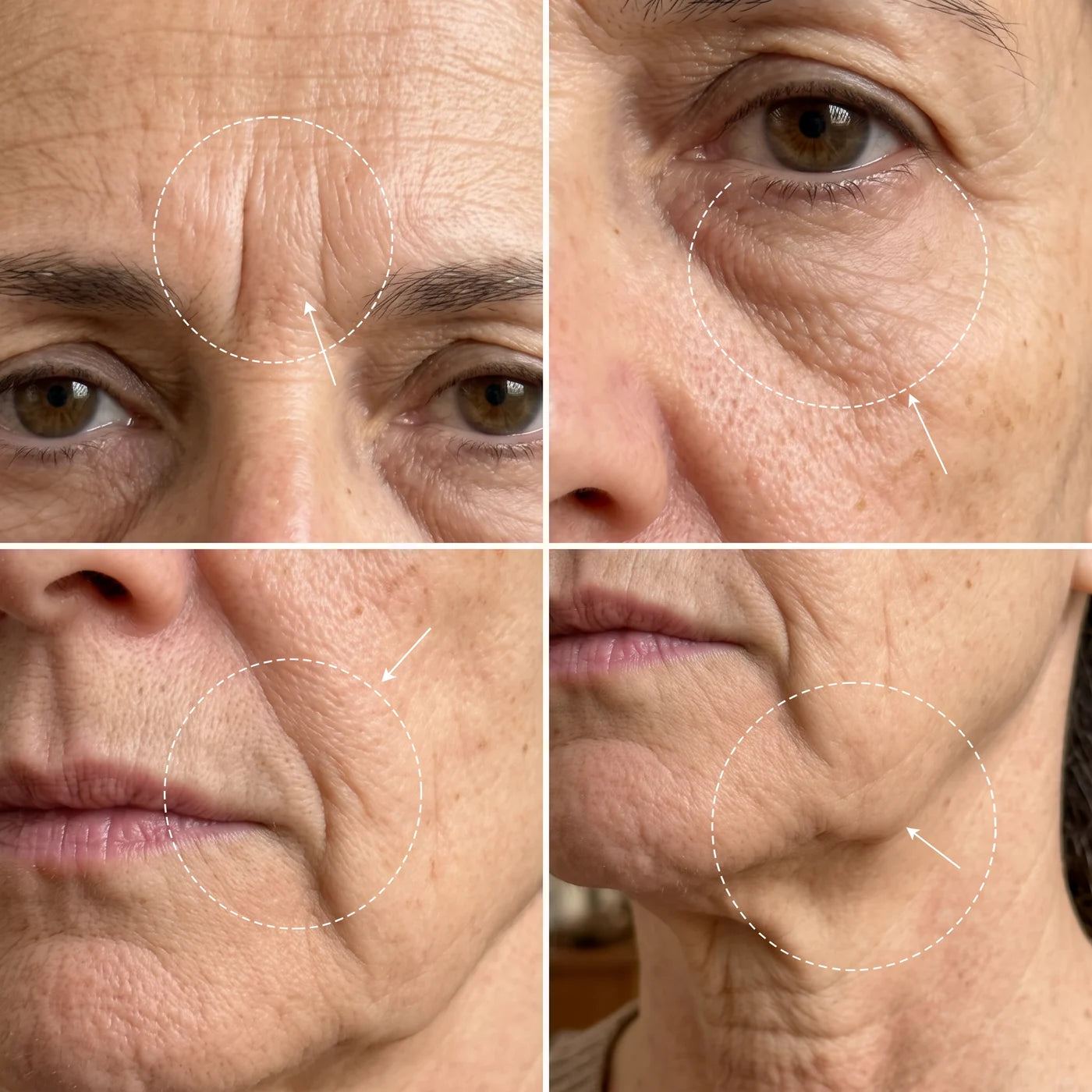 Cuatro detalles del rostro: entrecejo, ojeras, contorno de la boca y línea de la mandíbula