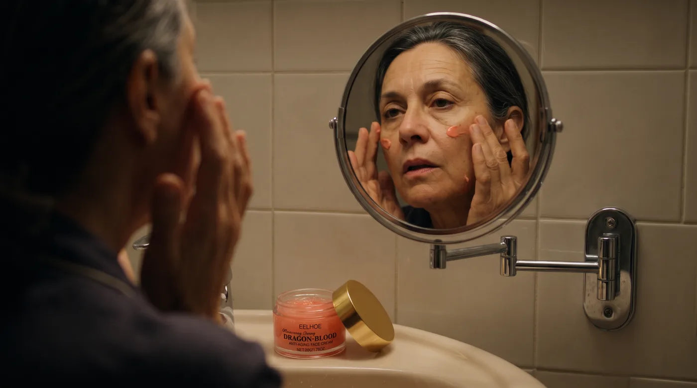 Mujer tocándose la cara frente al espejo a la mañana siguiente
