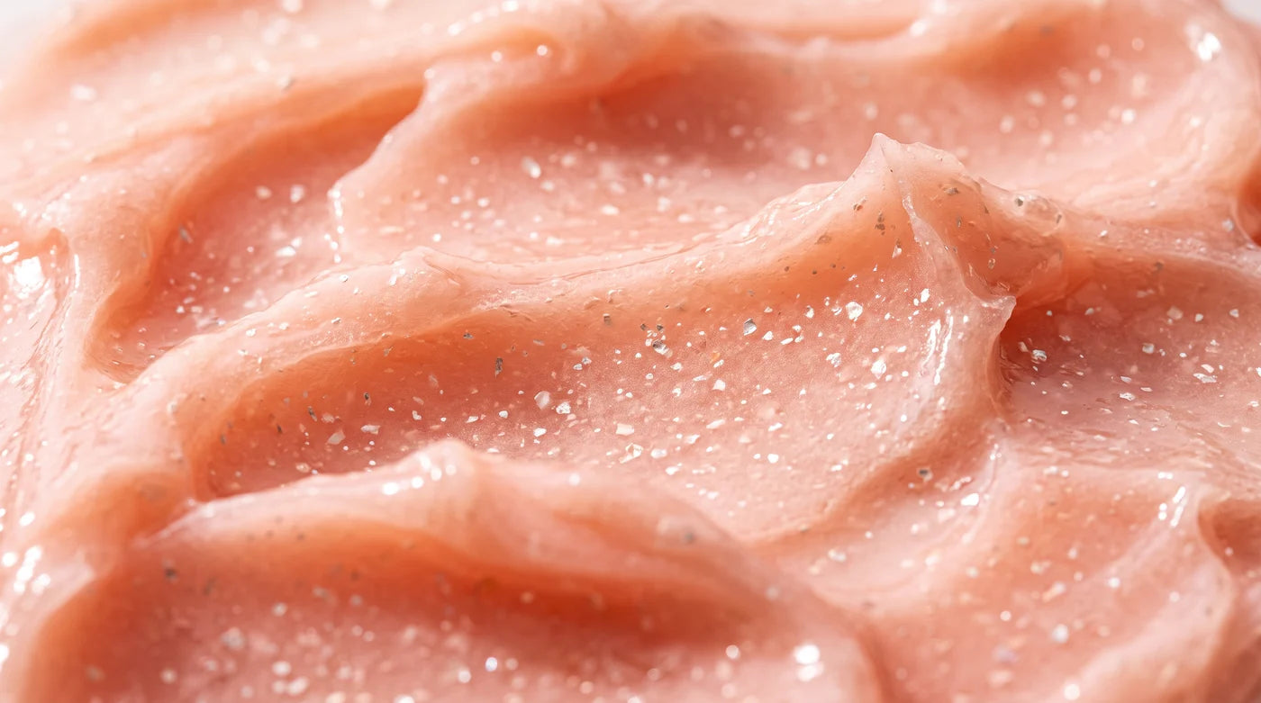 Macro de la crema: las microcápsulas nacaradas que producen el brillo, rompiéndose con el calor de la piel