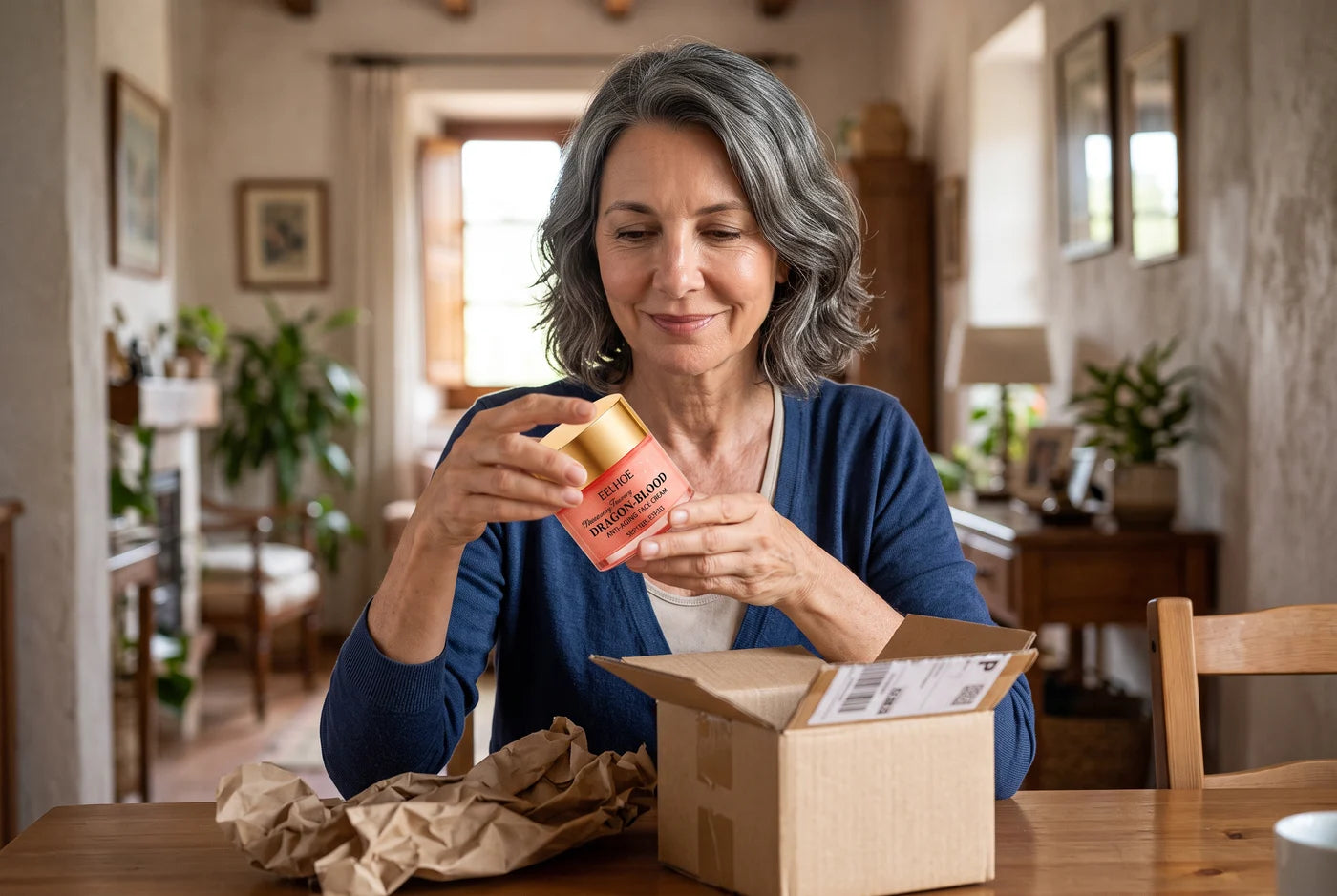 Mujer abriendo en casa el paquete con los tarros de crema