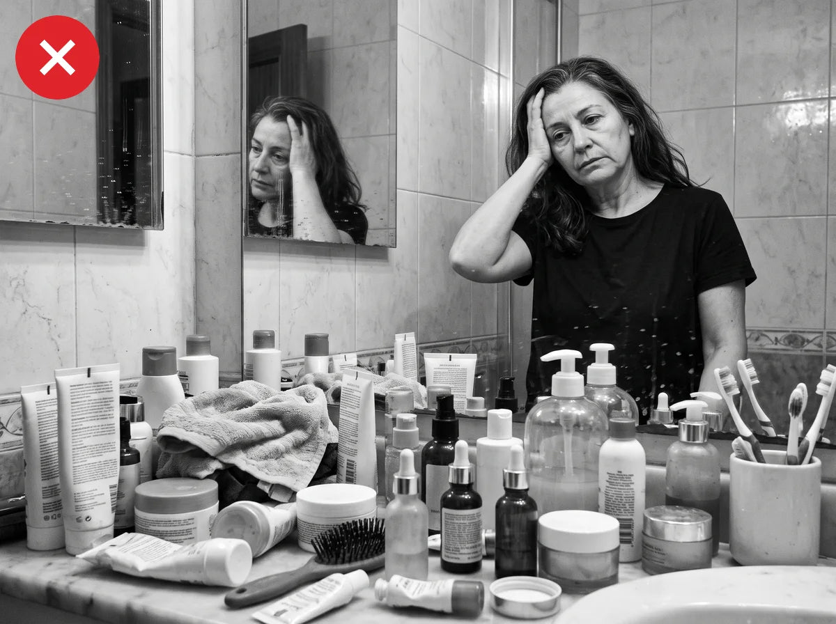 Bancada de baño abarrotada de cremas que no funcionaron