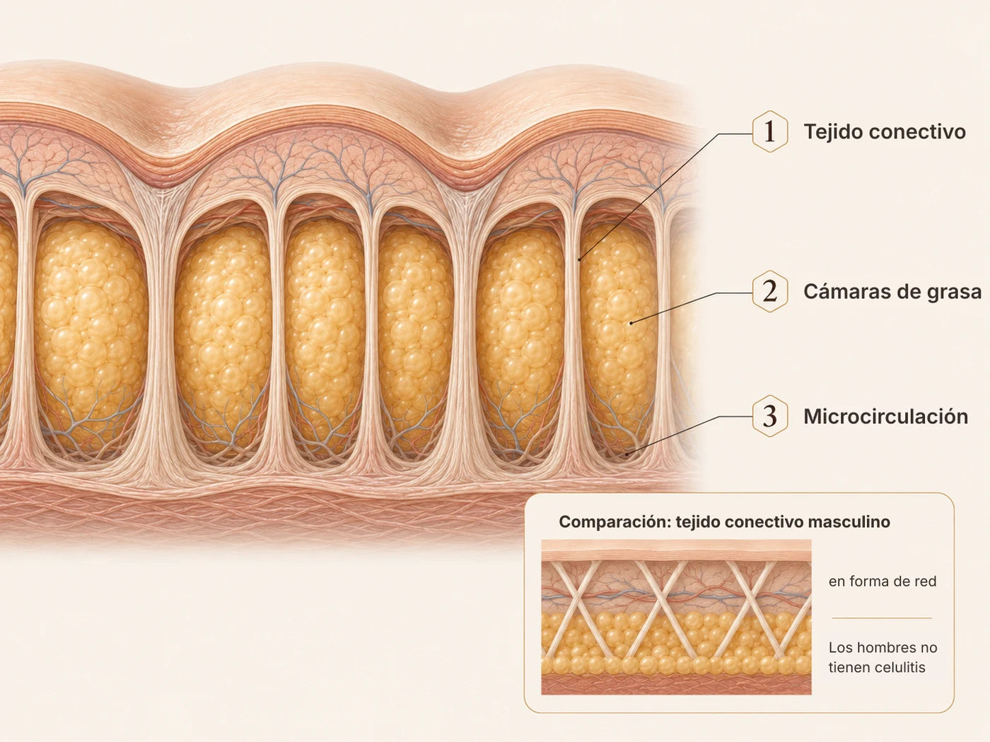 Las tres capas de la celulitis: tejido conectivo, cámaras de grasa y microcirculación