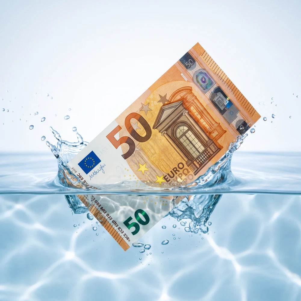 Un billete de 50 euros cayendo al agua