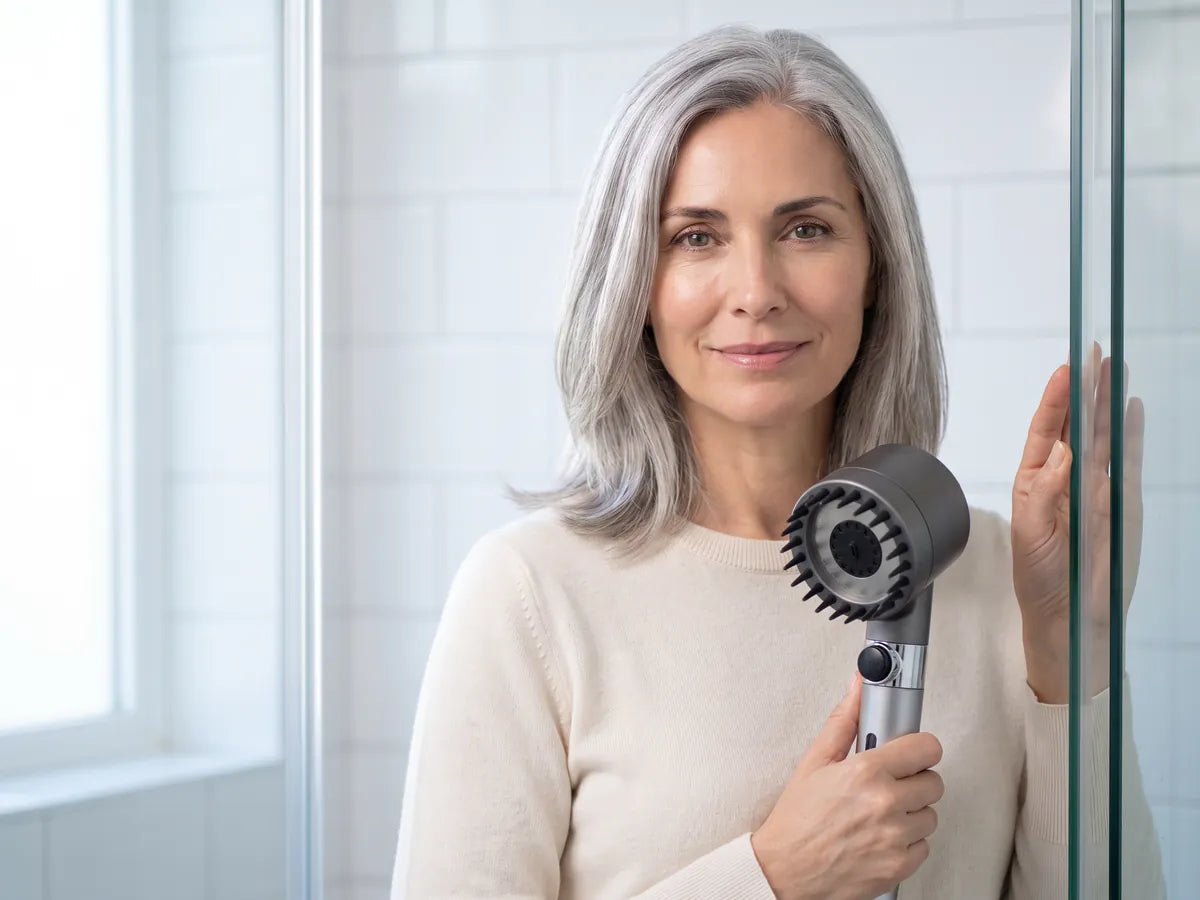 Mujer con la IonShower ya instalada en su ducha