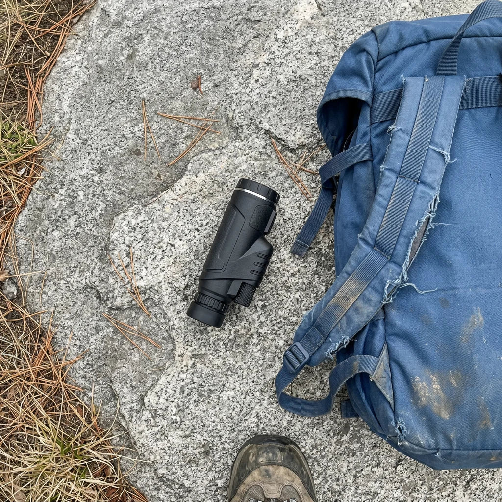El MaxVision junto a la mochila, en una salida al campo