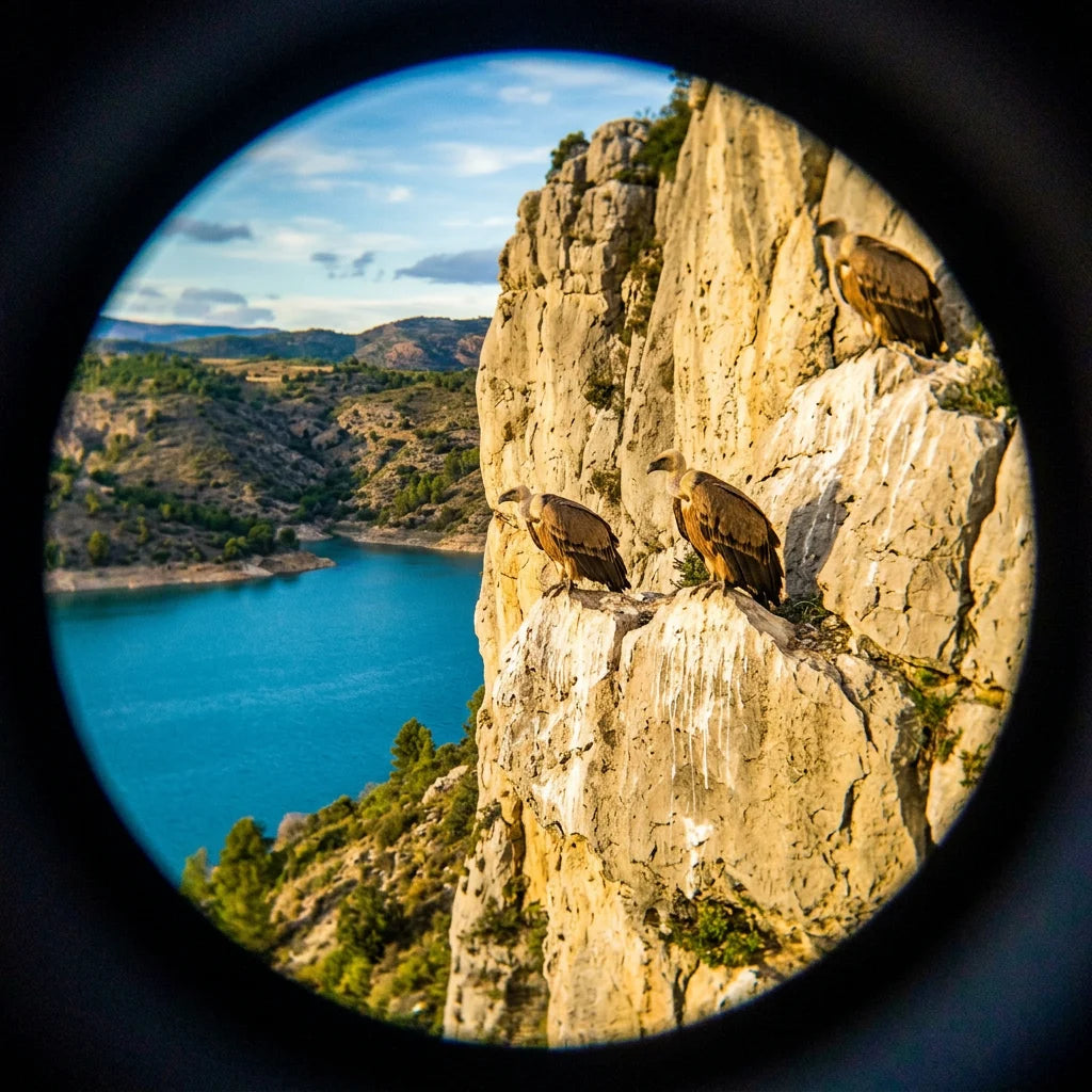 Buitres en la pared de roca sobre el embalse, vistos a traves del ocular