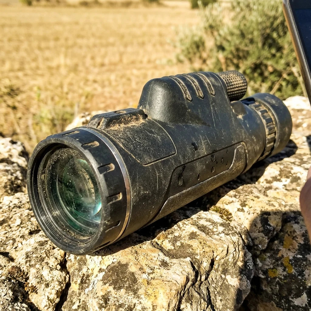 El MaxVision apoyado en una piedra despues de una salida al campo
